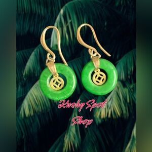 NWT ✨🧧🎋💚🐲 Green Jade Flat Lucky Coin 🧧🪙 in Titanium GP Fish Hook Earrings✨